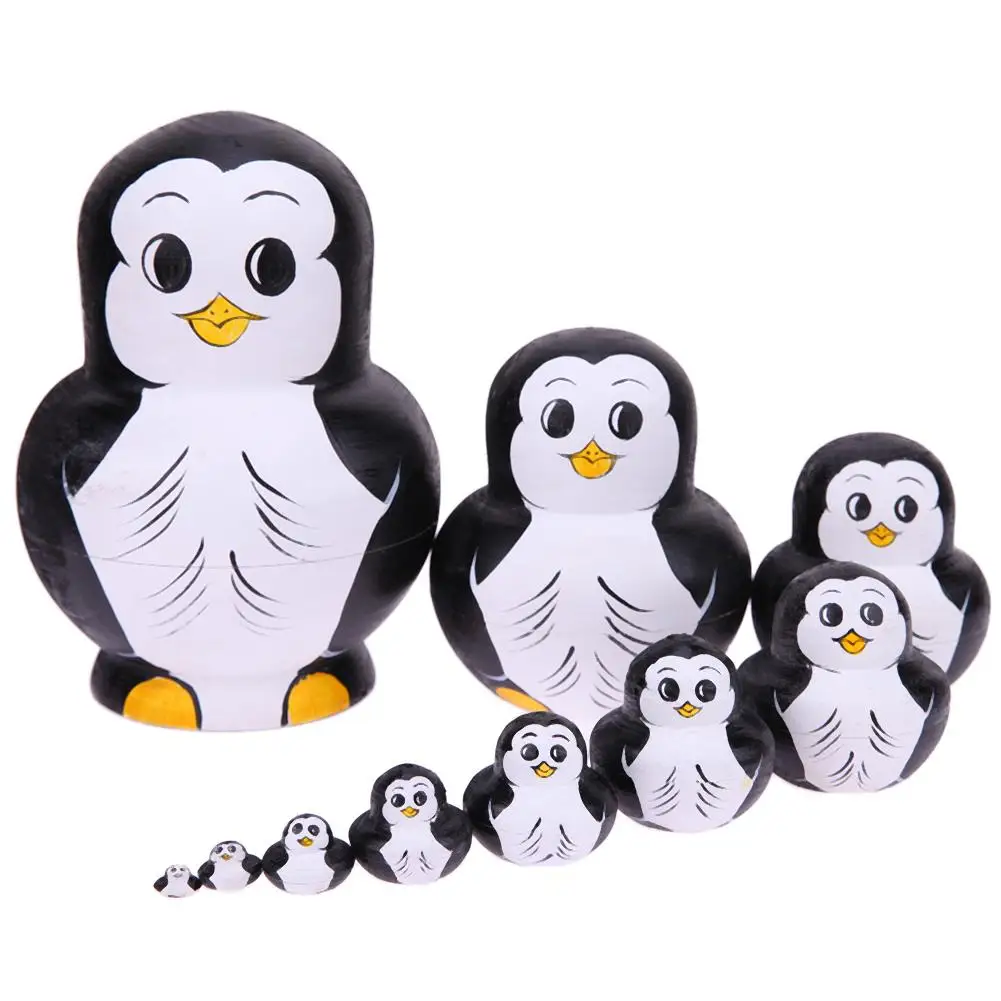 

10Set Penguin Pattern Russian Matryoshka Dolls Handmade Basswood Nesting Dolls Set Learning Doll Toys Home Decor Toys
