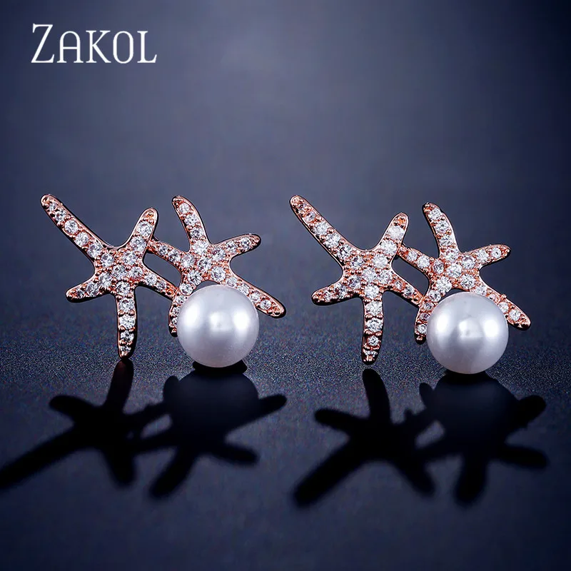 ZAKOL Новое поступление модные циркониевые серьги гвоздики с жемчугом в виде
