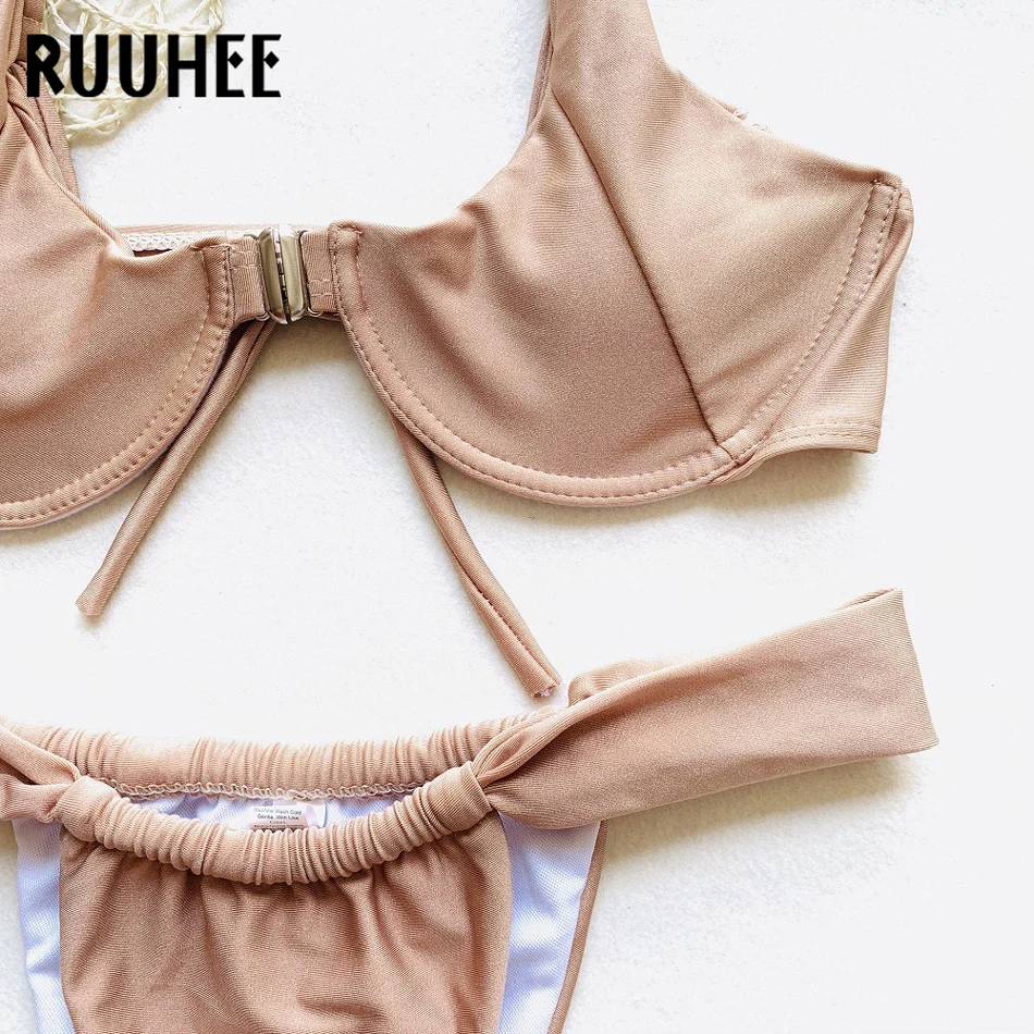 RUUHEE, сексуальный Одноцветный бикини, женский купальник, купальник, женский, с пряжкой спереди, купальный костюм с пуш-ап, с накладкой, бикини, набор, высокое качество, пляжная одежда
