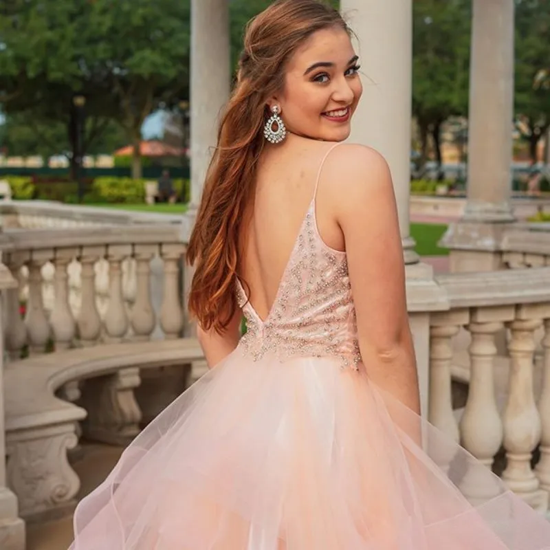 Luxury Beaded Top Ruffles Pink Prom Dress Spaghetti Straps Backless Long Formal Evening Gowns