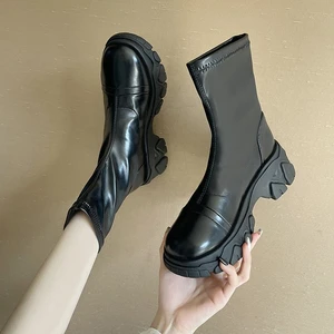 New Women Ankle Boots Ladies Shoes Slip on Mid Calf Boots Platform Soft PU Leather Boot Footwear Woman Fashion Autumn Winter