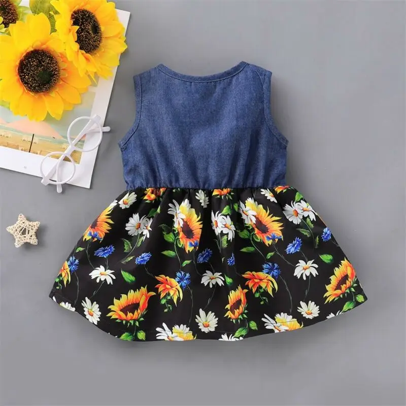 

Kids Baby Girl Floral Printed Denim Party Tutu Dress Summer Sleeveless Casual Sundress Clothes Swing Dress