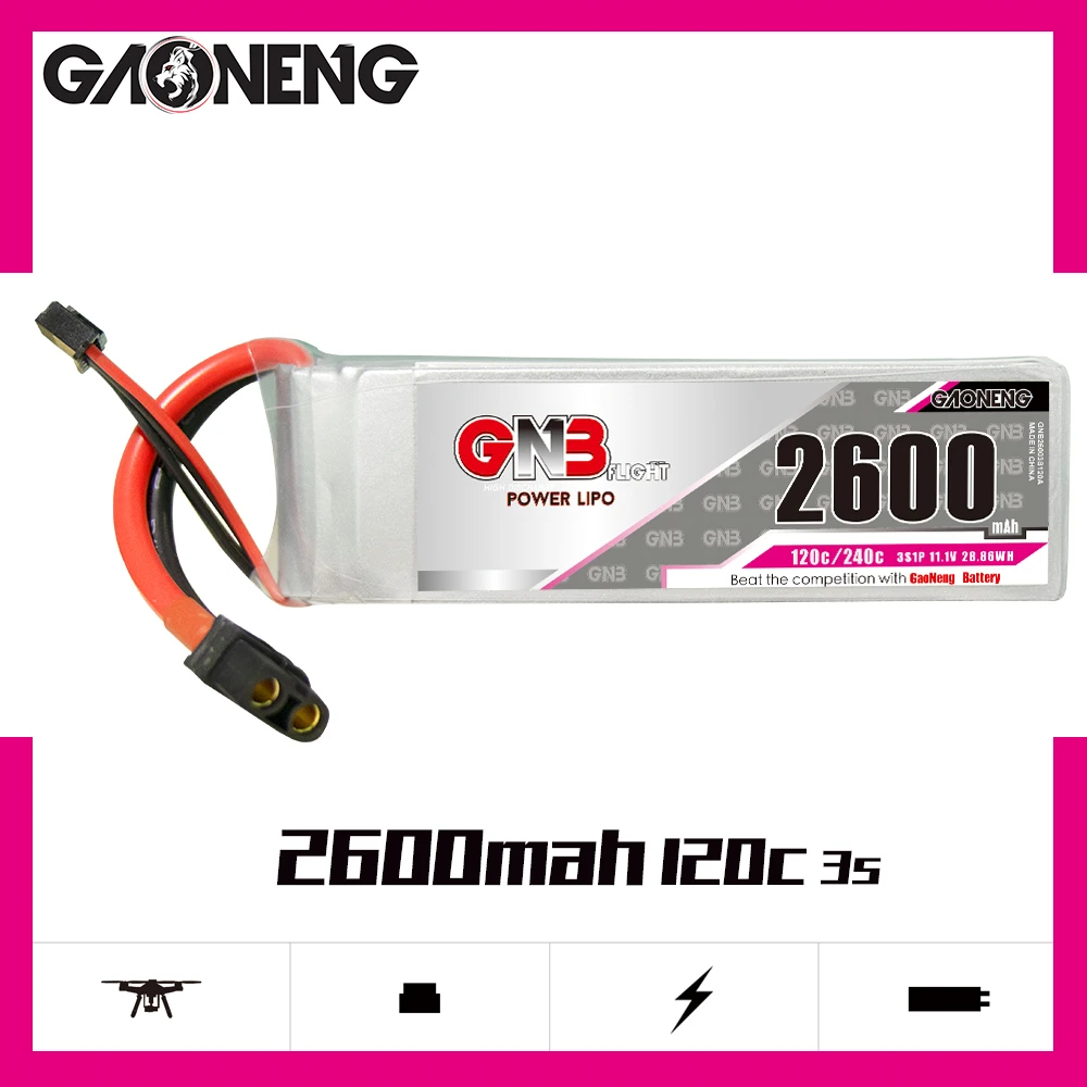 

Newest GAONENG GNB 2600mAh 3S 11.1V 120C/240C Lipo Battery With XT60 Plug For RC Helicopter Quadcopter FPV Racing Drone Parts