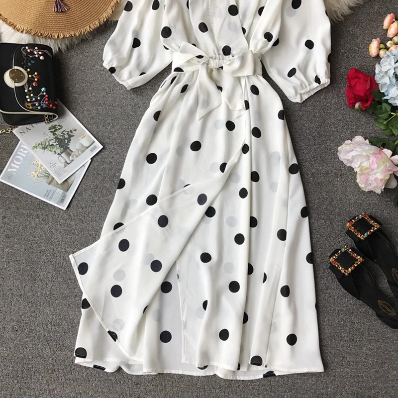 

2021 New Fashion Ladies Spring Summer Dress Dot Bandage High Waist V Neck Long Length Casual Sexy Women's Dress