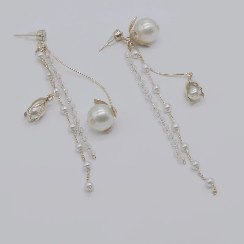 

Korean Fashion Long Tassel Rose Flower Pearl Earrings Elegant Show Face Thin Retro Minority Design Super Fairy Female Party Gift