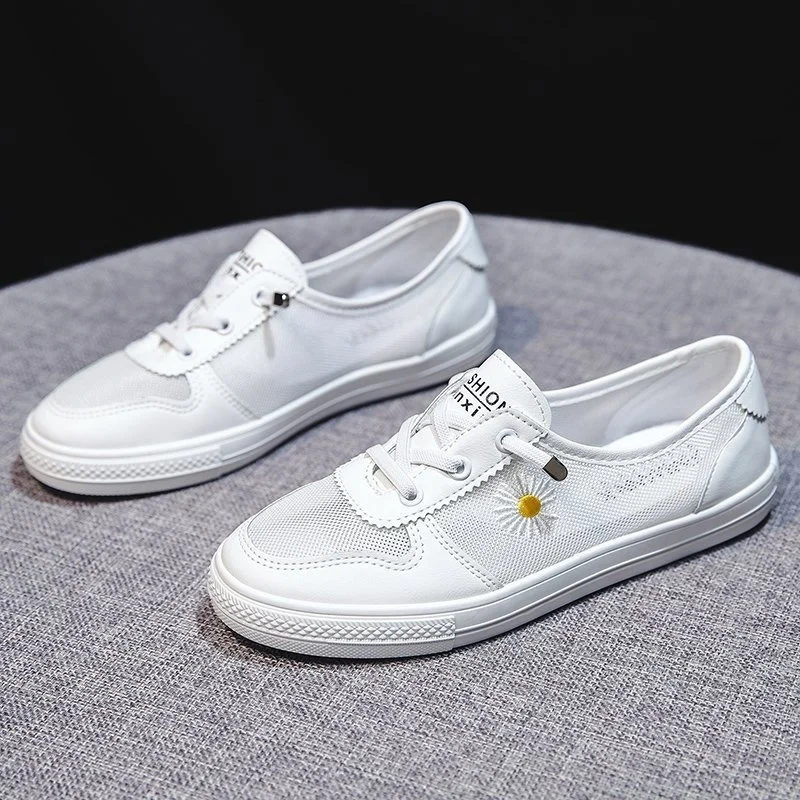 

2021 Leather White Sport Breathable Hollow Women's Mesh Flat Bottom Shoes Casual Wear Running Shoes PU Leather and Cotton Style