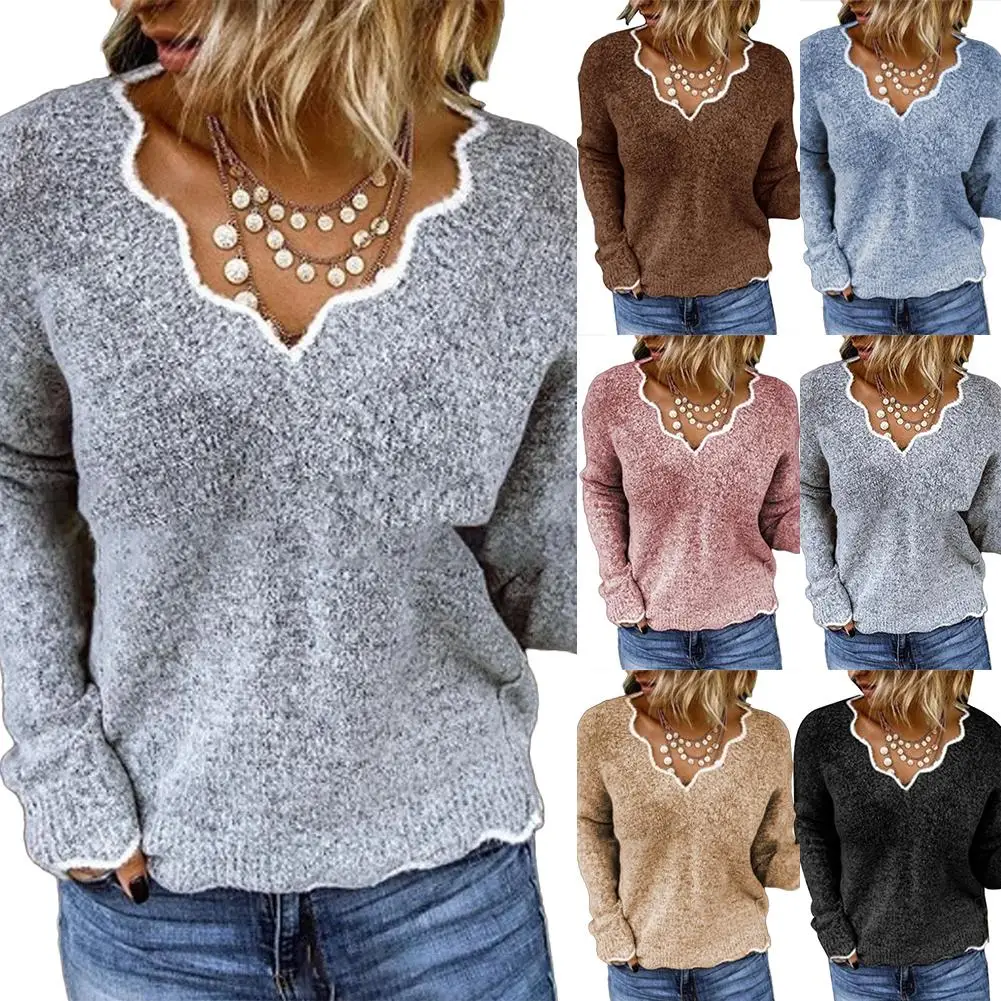 

Women V-neck Autumn Winter Knitting Sweater Pullover Lady Long Sleeve Solid Jumper Laides Sweaters and Pullovers Knitted Femme