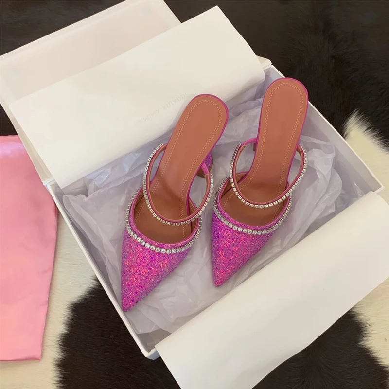 Обувь на высоком каблуке со стразами Женские тапочки мюли Chaussures Femme Летние