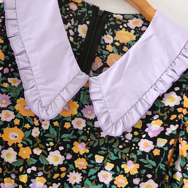 

Sweet Women Floral print Mini dress 2020 New Short sleeve Patchwork Female dresses Perter pan Collar Vestidos Party INKEO 9D269