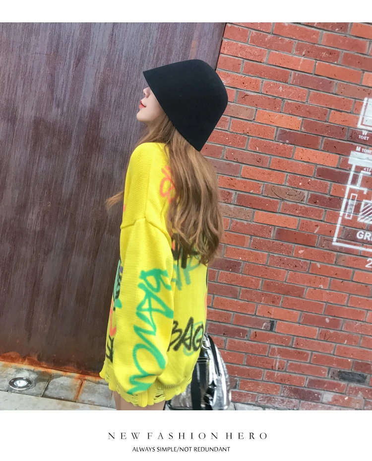 YOKO свитер женский Осень Зима Новая мода свободная Корейская версия ручная роспись граффити ленивый стиль свитер размера плюс платье