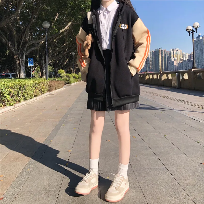 Harajuku Hoodies Casual Winter Sweatshirt Zipper Pocket Sweatshirt Solid Color Coating Korean Loose Wild Sweetshirt for Girls