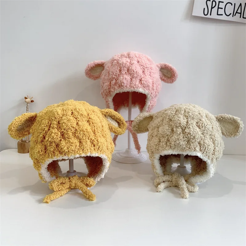 

2021 hot sale baby cartoon little sheep shape plush headgear autumn and winter boys and girls warm earmuffs 46-50cm