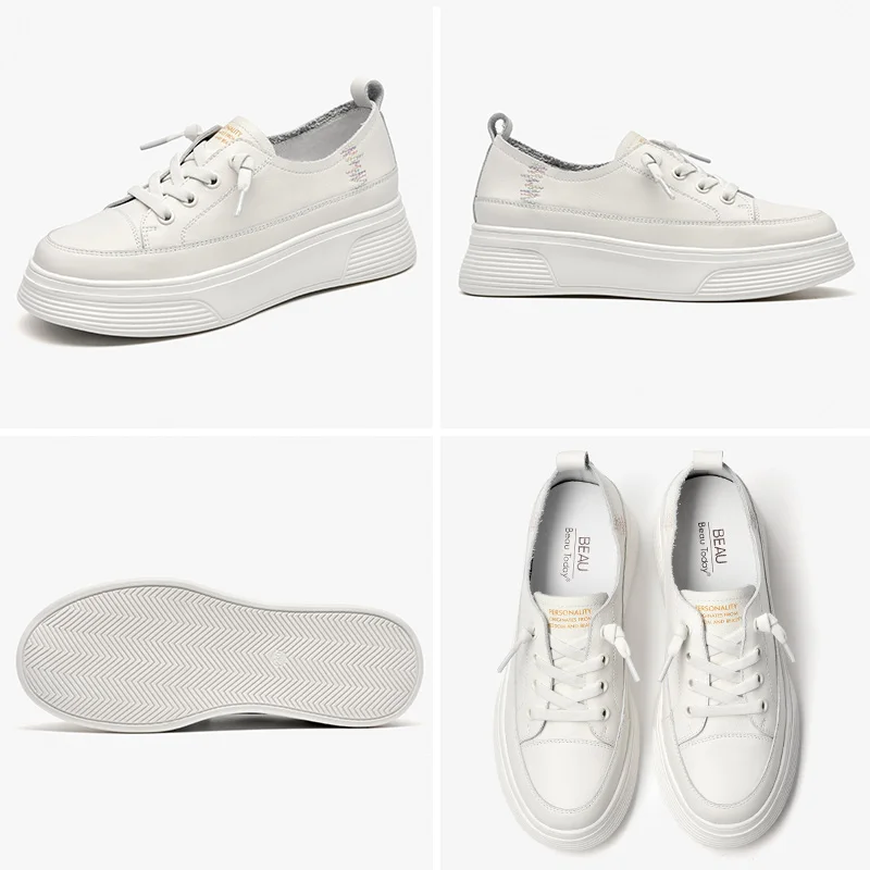 

Women Platform Sneakers Synthetic Leather Lace Up Round Toe Casual Thick Sole Flats Shoes for Women Handmade BeauToday 29122