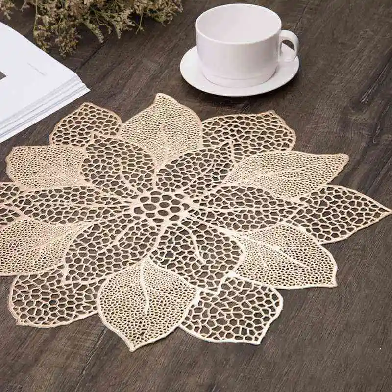 

Holaroom Lotus Flower PVC Bronzing Hollow Placemat Western Food Cushion Table Decoration Mat For Restaurant Kitchen Antislip Pad