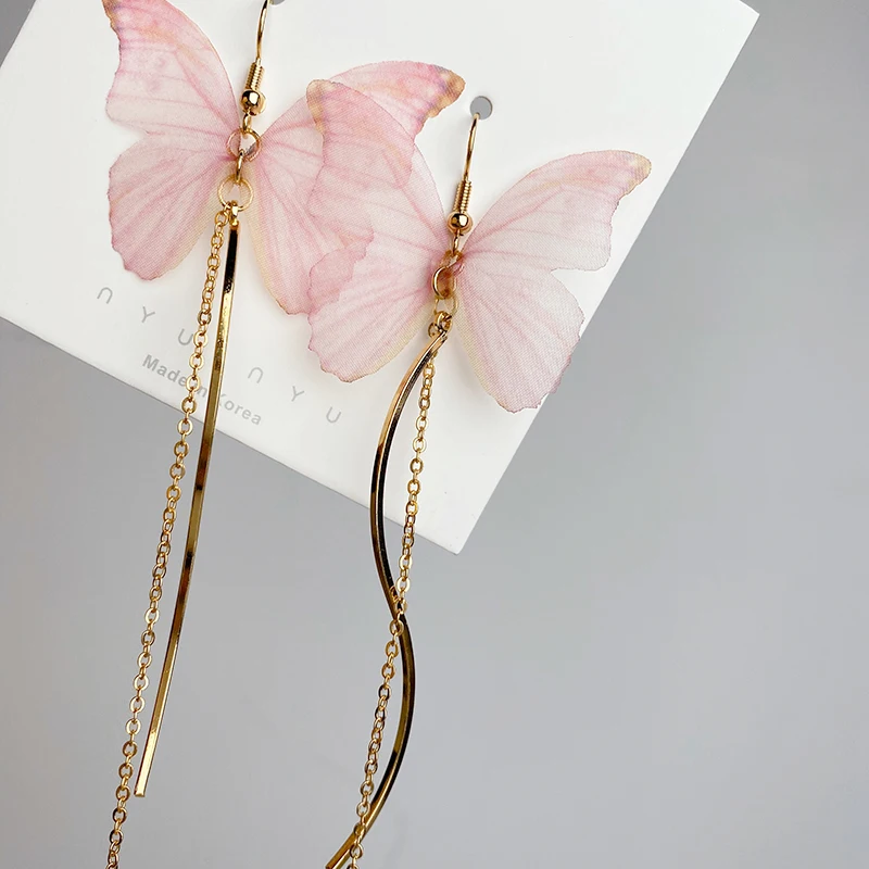 Женские серьги подвески с бабочками длинные из пряжи стразы