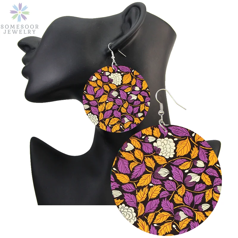 

SOMESOOR Afrocentric Ethnic Fabric Print Wooden Drop Earrings African Traditional Bohemian Big Loops Dangle For Women Gifts