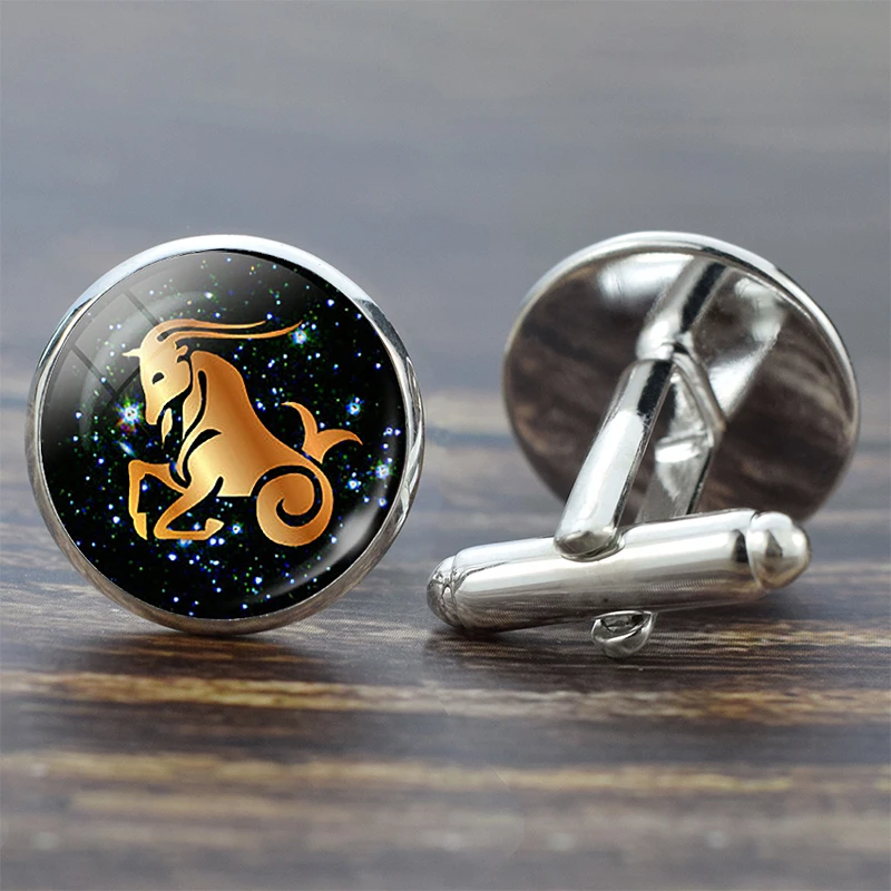 Capricorn 12 Созвездие стеклянная запонка из сплава Leo знак зодиака Рыбы ручной работы стеклянные серебряные Костюмные запонки звенья Мужская рубашка подарок на день рождения - Окраска металла: Capricorn