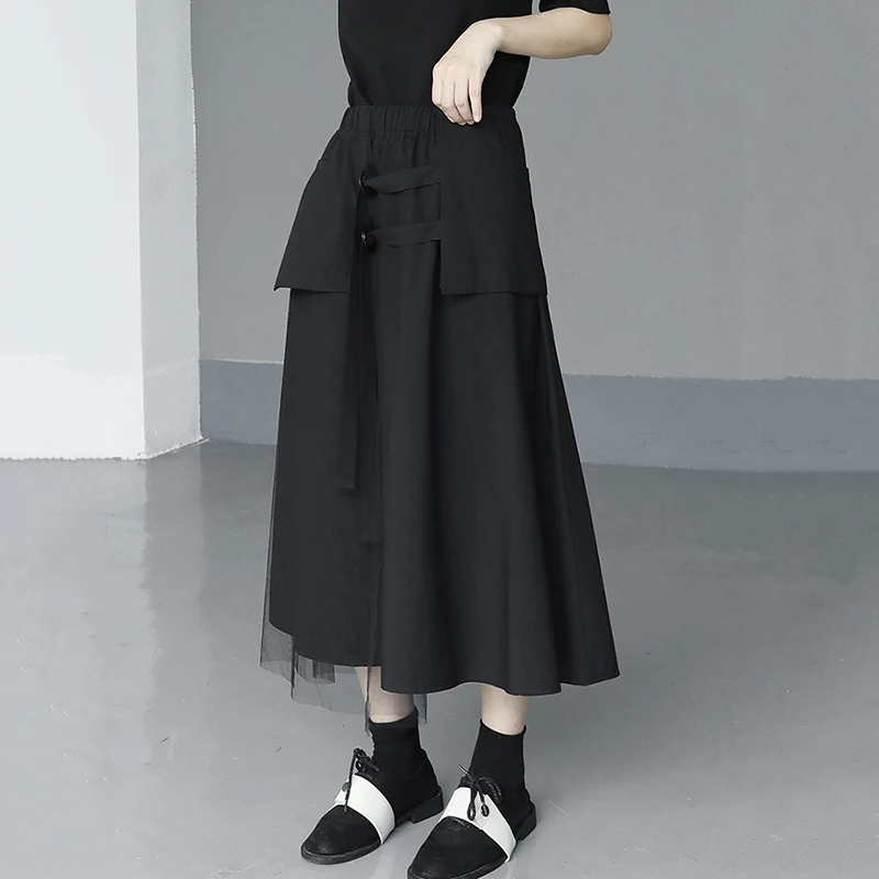 

[EAM] High Elastic Waist Black Buckle Mesh Irregular Long Half-body Skirt Women Fashion Tide New Spring Summer 2021 1DE0051