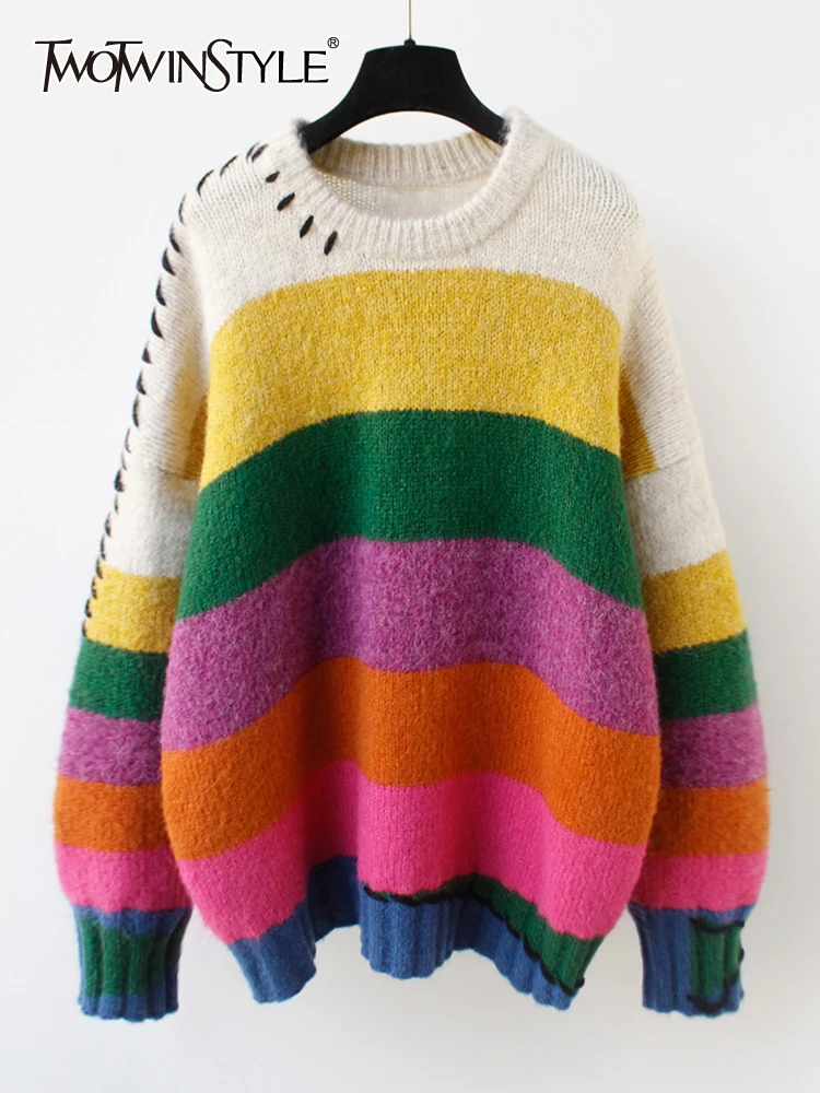 

TWOTWINSTYLE Loose Striped Colorblock Sweater For Women Round Neck Long Sleeve Knitting Casual Pullover Female Korean Fashion