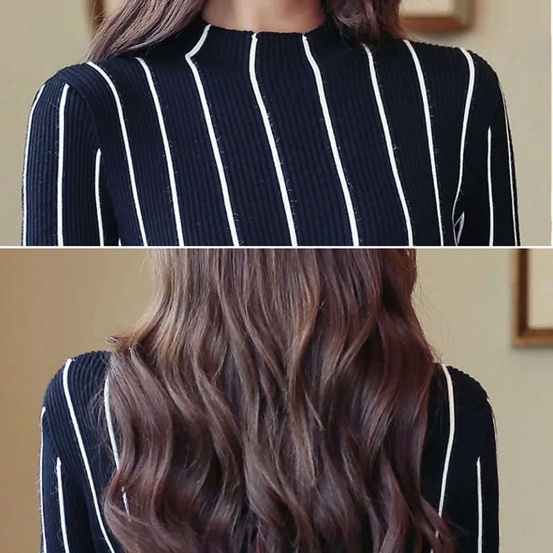 Полосатый пуловер с высоким воротом для женщин 2020 Зимний толстый свитер красный