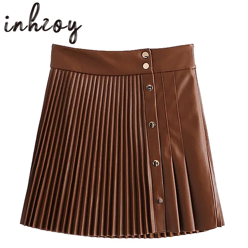 

Solid Color PU Leather Women High Waist Button Pleated Skirt Clubwear Autumn Vintage Casual Fashion Asymmetrical Sexy Miniskirts