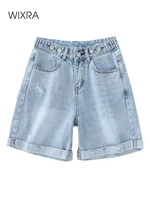 wixra summer blue demin shorts button pockets high waist casual streetwear 2020 women