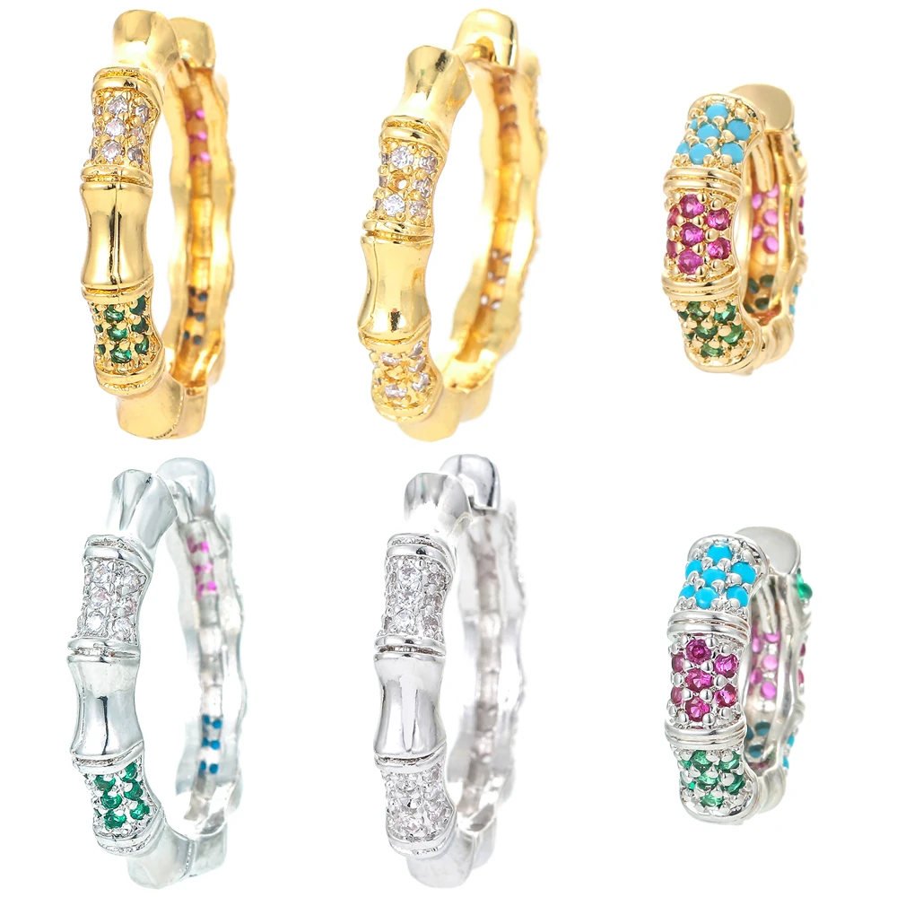 

EYIKA Silver Gold Plated Bamboo Shape Hoop Earrings Luxury Multicolor Zircon Piercing Huggie Earring Unique Design Fine Jewelry