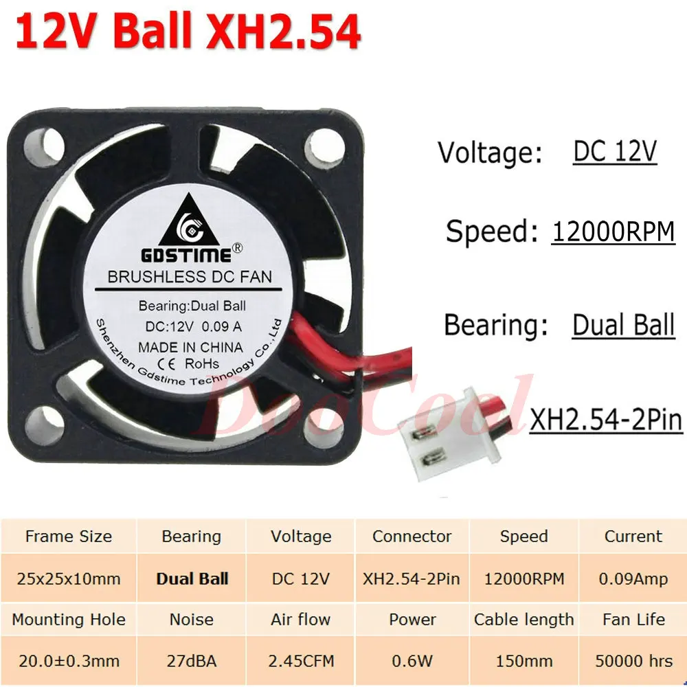 12V Ball XH2.54 5 шт. Gdstime с фокусным расстоянием 25 мм 25x25x10 мм 2Pin JST Dupont 5 В, 12 В, 24 В постоянного тока, 2510 рукав Шаровая Опора радиатора мини Бесщеточный Охлаждающий вентилятор Cooler - Цвет лезвия: 12V Ball XH2.54