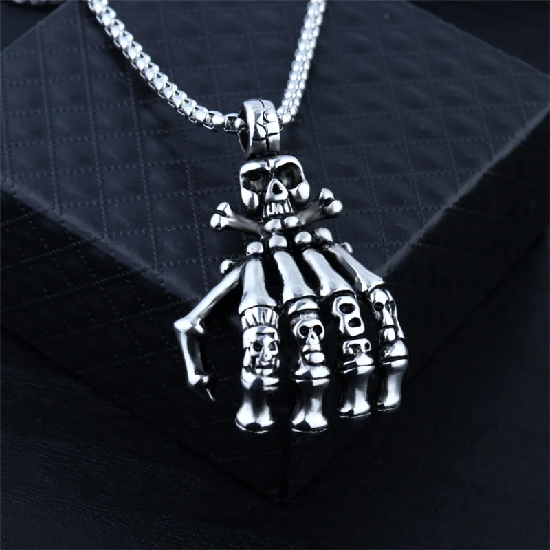 

Mens Biker Skeleton Hand Pendant Necklace Punk Unisex Stainless Steel Long Chain Vintage Skull Hand Necklace Party Jewelry