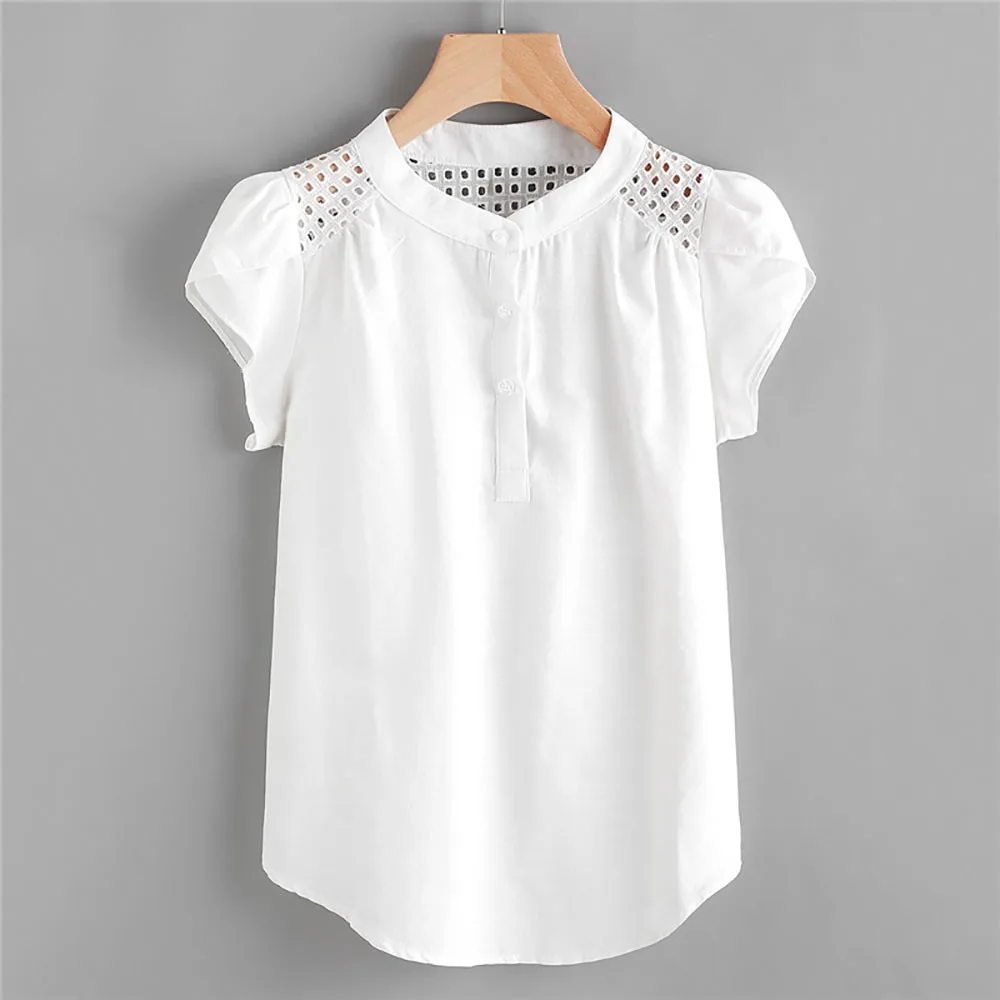 

Women white Blouse Hollow Out Short Butterfly Sleeve elegant ladies female Casual Blouse buttons hollow out blusas female 2021