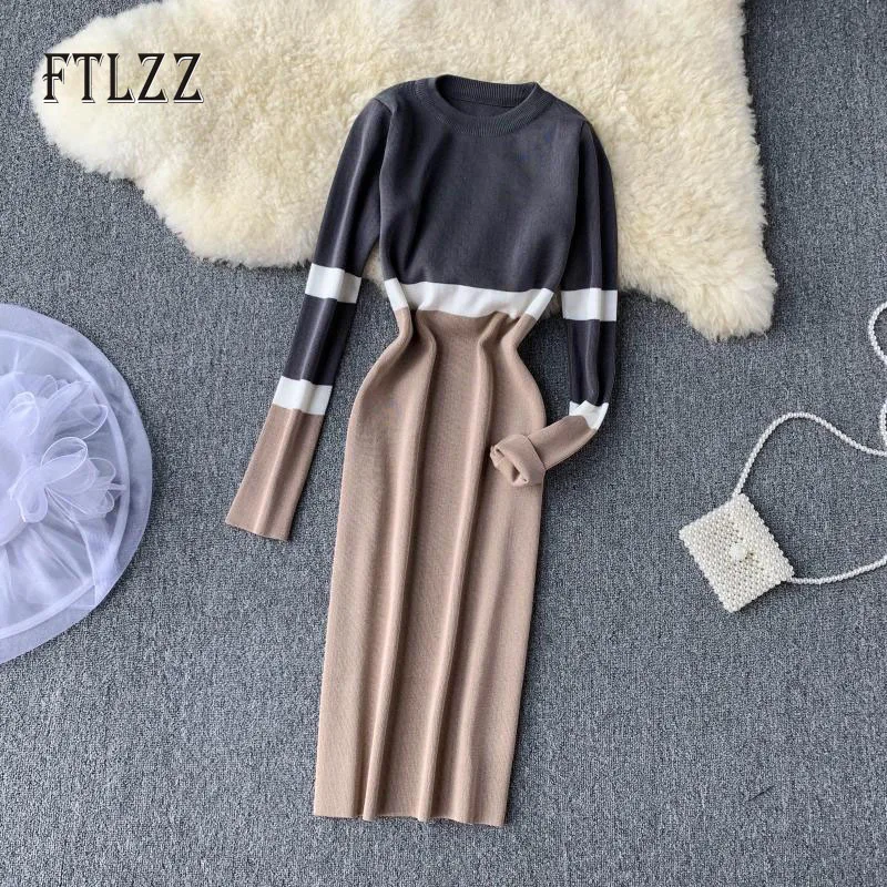 Новинка 2019 женское трикотажное платье модное из кусков в цветную полоску с