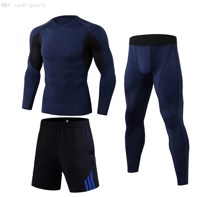 

Autumn Winter Training Suits Set Men's Full Suit Tracksuit 3-piece Set Plain Sportswear Compression Slim Joggers Running Tights