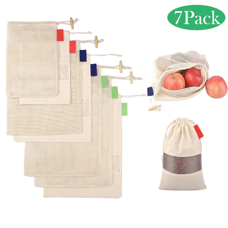 Многоразовая хлопковая производить мешки Сетчатая Сумка для шопинга со шнурком