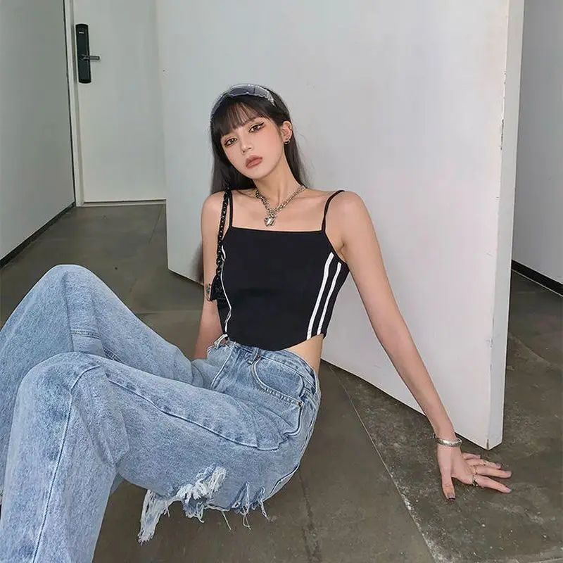 

Design Sense Ripped Jeans Female Summer Thin Section Drape Stitching High-waist Straight-leg Trousers Loose Wide-leg Daddy Pants