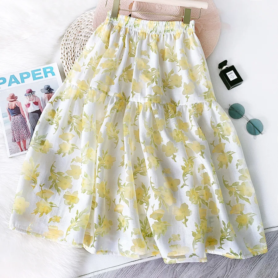 

Summer Women Elegant Jacquard Organza Long Skirt Fashion Elastic High Waist Ball Gown Skirt Lady Sweet Yellow Floral Midi Skirts