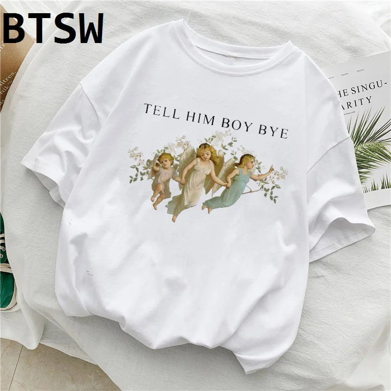 Angel Tell Him Boy Bye модная футболка для женщин Kawaii с круглым вырезом и принтом винтажная