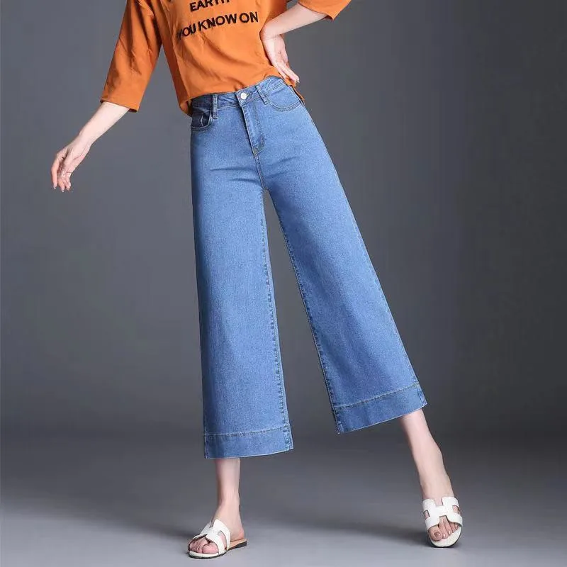 

2021 Лето Женщины с высокой талией синего джинсового цвета джинсы размера плюс теленок-Длина, широкие штаны, Свободные повседневные тонкие пр...