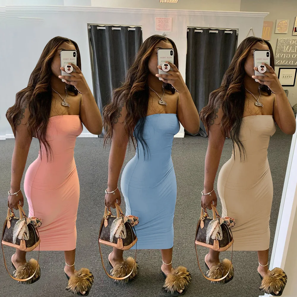 

Echoine Solid Strapless Midi Dress Women Bodycon Sexy Party Clubwear Vintage Vestidos Summer Robe Fitness Dresses Streetwear
