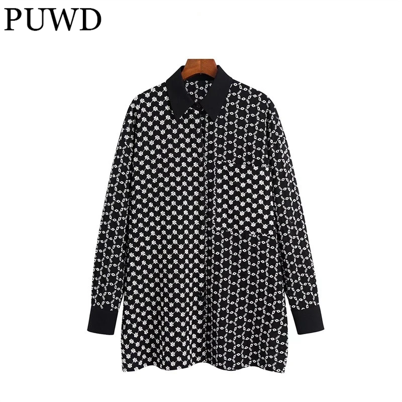 

PUWD Vintage Women Flower Embroidery Oversize Shirts 2021 Autumn Fashion Ladies Turn-down Collar Shirt Female Chic Blouse