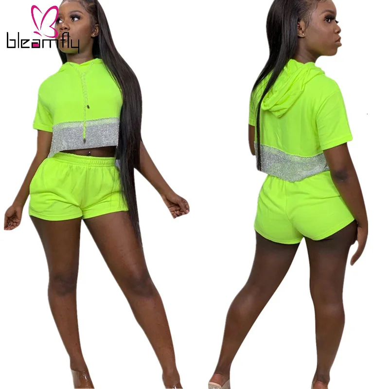 Новинка 2019 Женский неоновый зеленый Тренч с капюшоном и блестками топ шорты