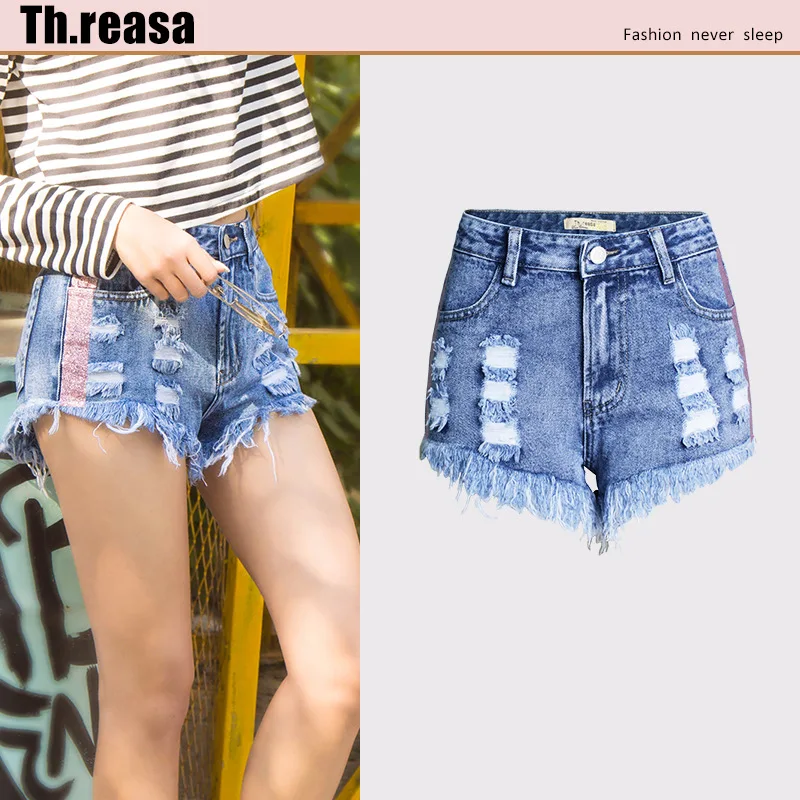 Spring Summer Women Short Jeans Holes Irregular Colored Belt Denim High Waist Pants Shorts Hot Jeans Pants