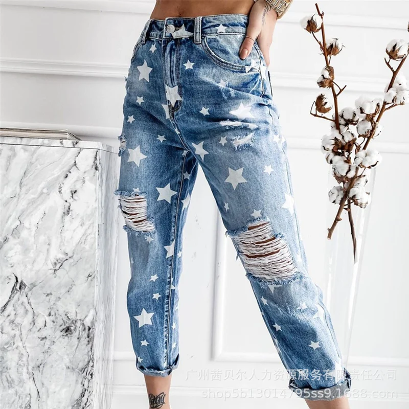 

WEPBEL Women's Autumn Vintage Star Print Denim Pants Ladies Ripped Hole Skinny Jeans Female Long Trousers