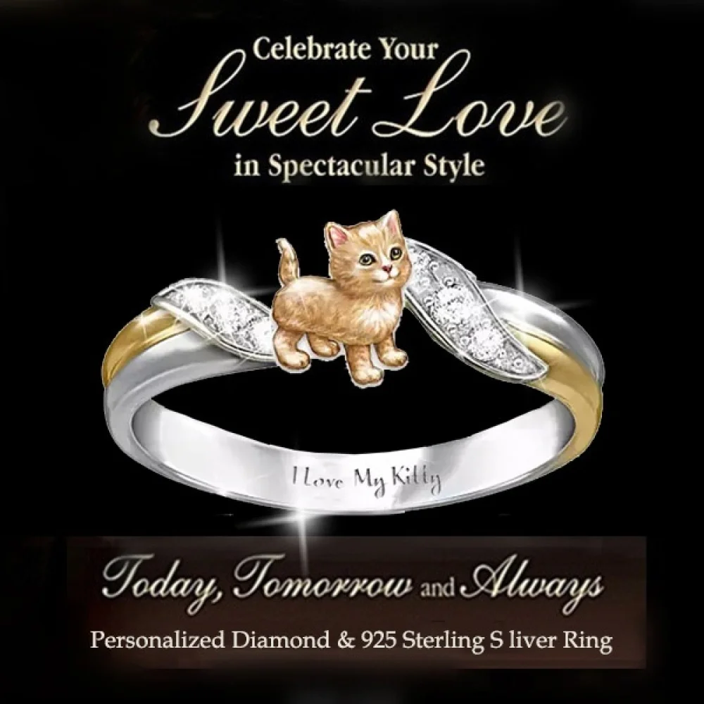 

Inner Lettering "I Love My Kitty" Fashion Creative Women Cat Leaf Diamond Decoration Finger Ring Wedding Engagement Jewelry