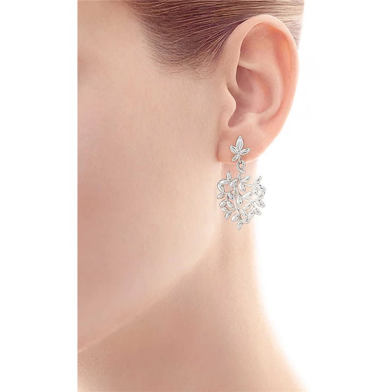 

1:1 925 Sterling Silver Earrings Women's Classic Olive Branch Pendant Earrings Elegant All-Match Jewelry Girlfriend Gift