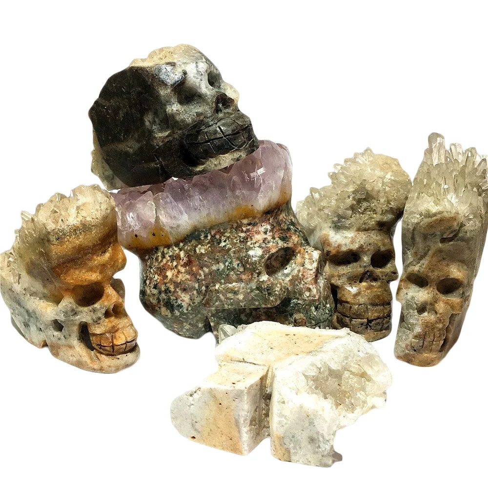 Racimo de cristal de Cranio Natural, piedras de Wicca de cuarzo, Reiki, espécimen curativo, Cráneo, adorno de Halloween, decoración del hogar para habitación
