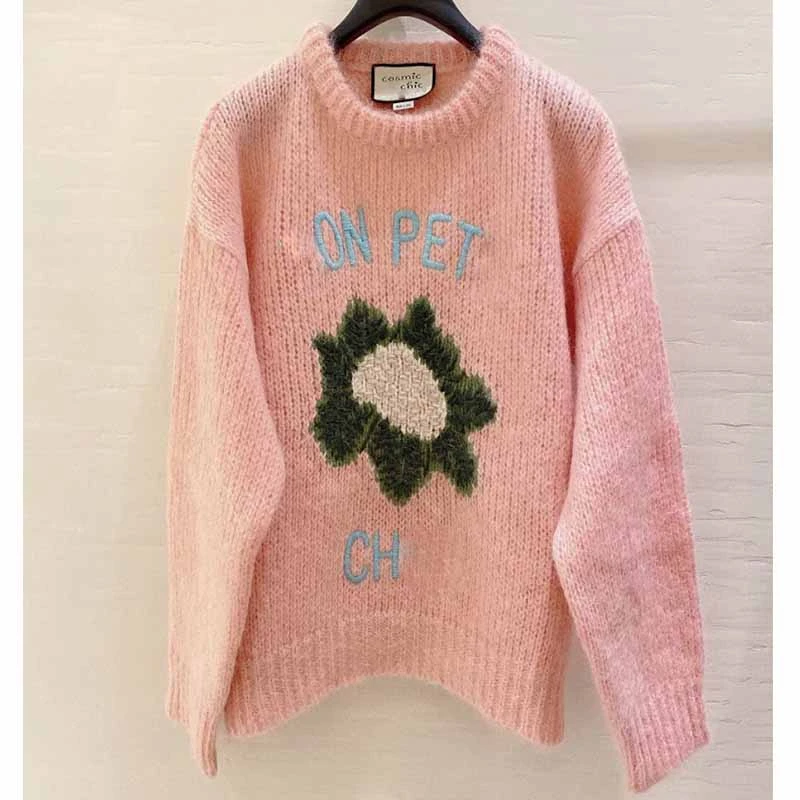 

Женский мохеровый пуловер с круглым вырезом, розовый вязаный свитер с цветочной вышивкой и буквами, Модный пуловер для ранней весны 2021