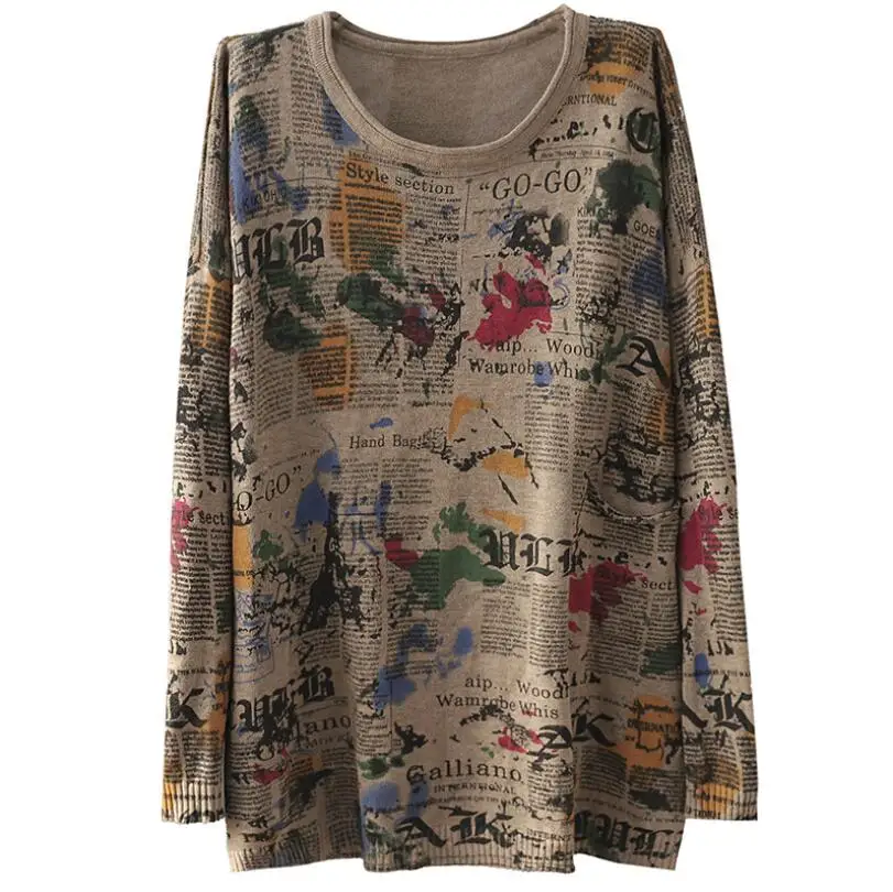 

Women's Retro Loose Cotton Letter Newpaper Graffiti Sweater 2020 Autumn winter Knitted Long Sleeve Pullover Tops p1567