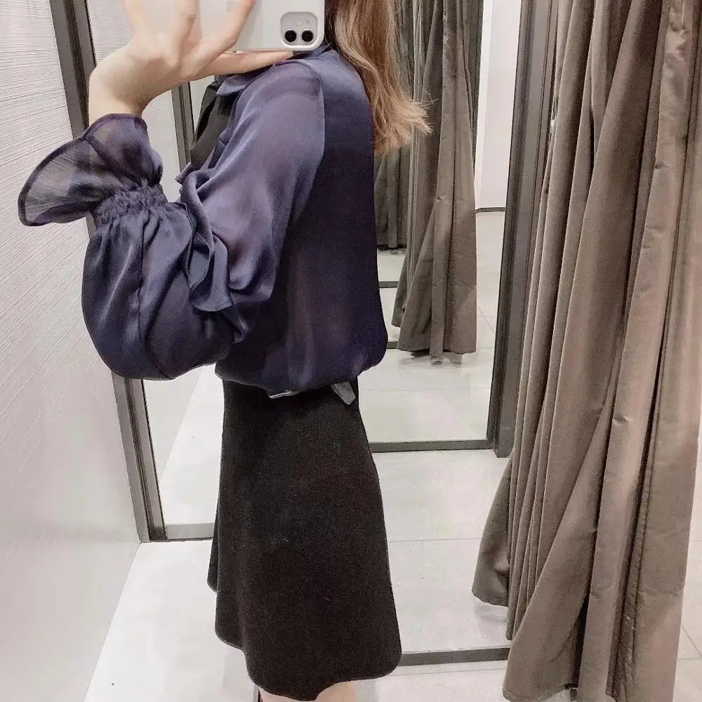 Женская блузка с оборками ZA фиолетовая Повседневная Блузка бантом и