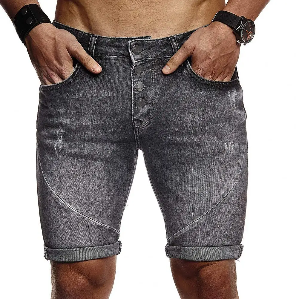 

Men Summer Jeans Shorts Slim Vintage Summer Jeans Buttons Turn Up Cuff Fifth Pants Denim Shorts Outdoor Beach Fifth Pants