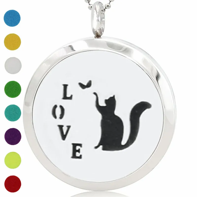 

316L Stainless Steel Aromatherapy Essential Oil Diffuser Locket Cat Pendants Round Tone Cat Can Open 30mm Dia., 1 Piece